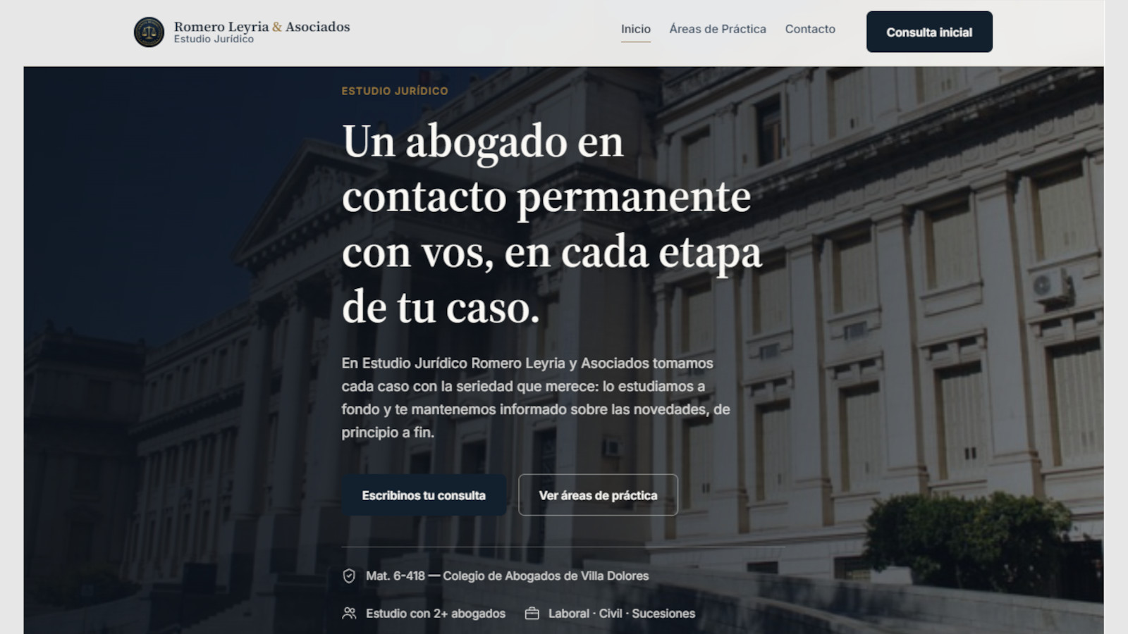 Página de inicio del sitio de Estudio Jurídico Romero Leyria y Asociados